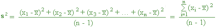 a variância é igual ao somatório de i igual a 1 até n de ( x i menos a média ) ao quadrado, sobre n menos 1